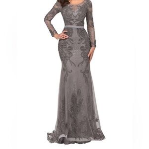Cecilia Couture 1407 gunmetal size 14 long sleeve beaded and lace long dress NWT